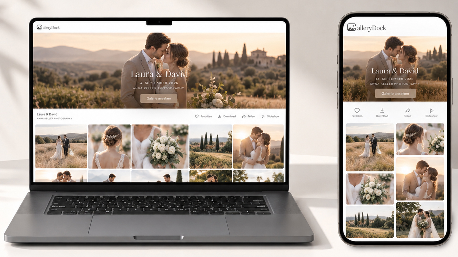 GalleryDock-Kundengalerie auf einem Desktop-Bildschirm und einem Smartphone.