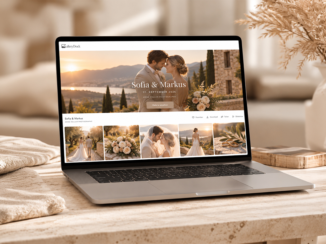 GalleryDock-Kundengalerie auf einem Laptop mit einer Übersicht der Fotos.