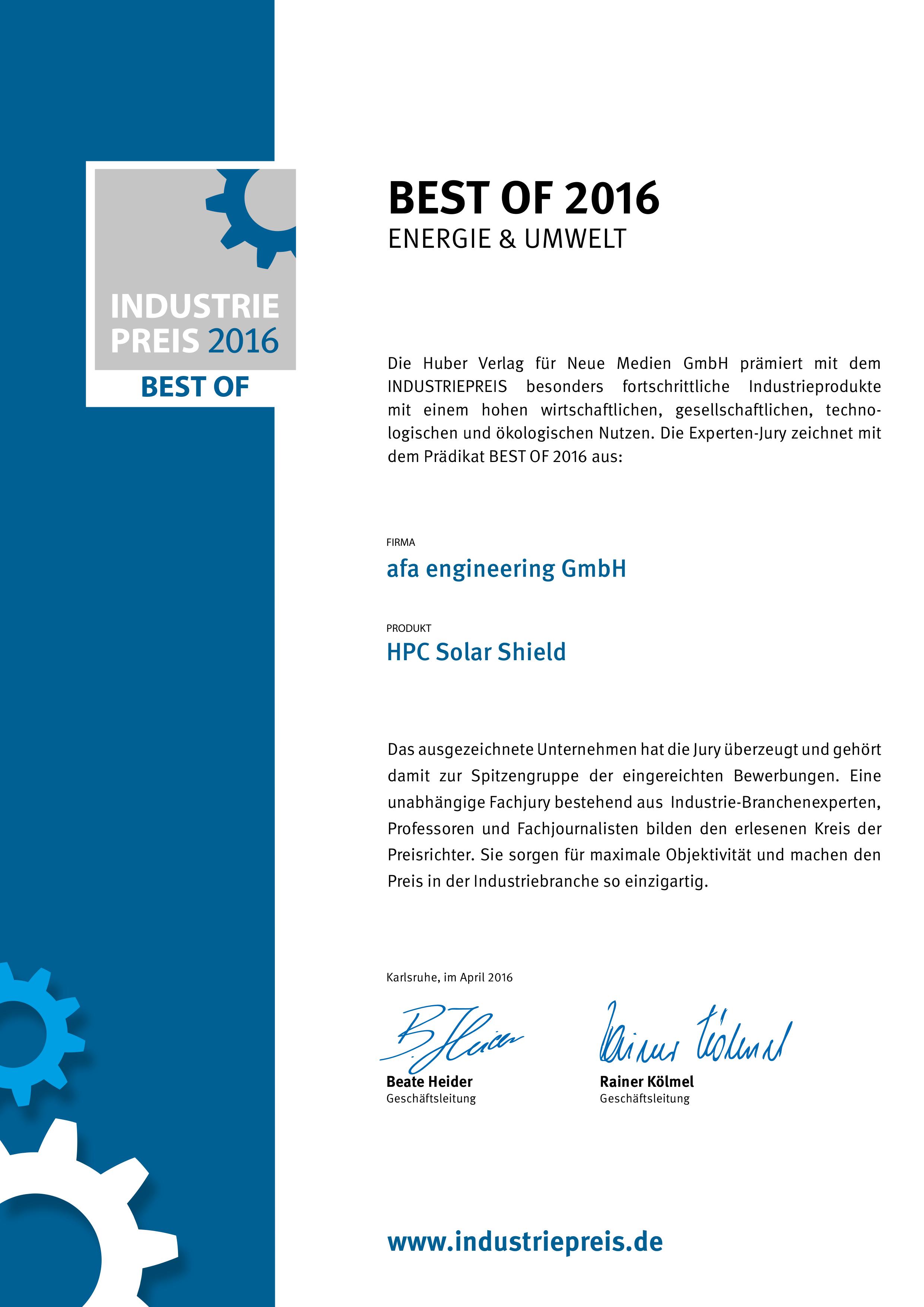 Industriepreis 2016 Zertifikat HPC Solar Shield