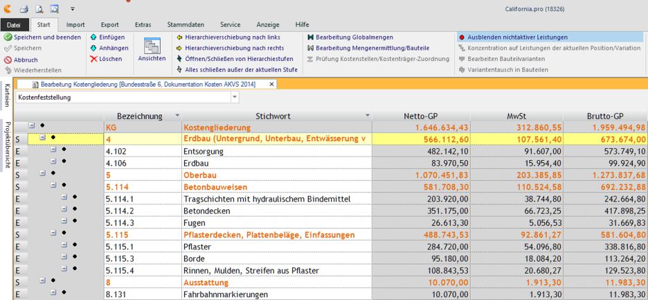 Kostenauswertung nach AKVS 2014 in California.pro