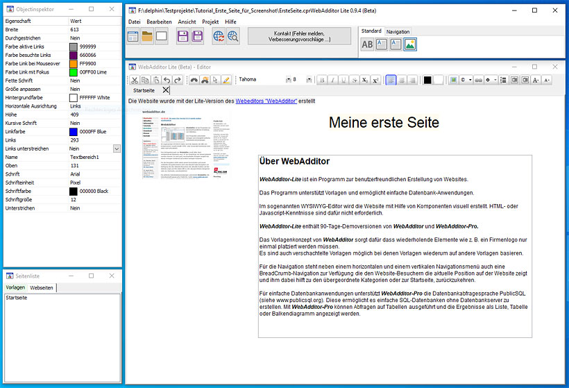 Screenshot WebAdditor mit geöffneten Beispielprojekt